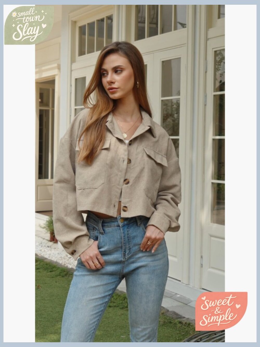 Corduroy Cropped Shacket Jacket Lightweight Long Sleeve Button Down - Picture 7 of 7